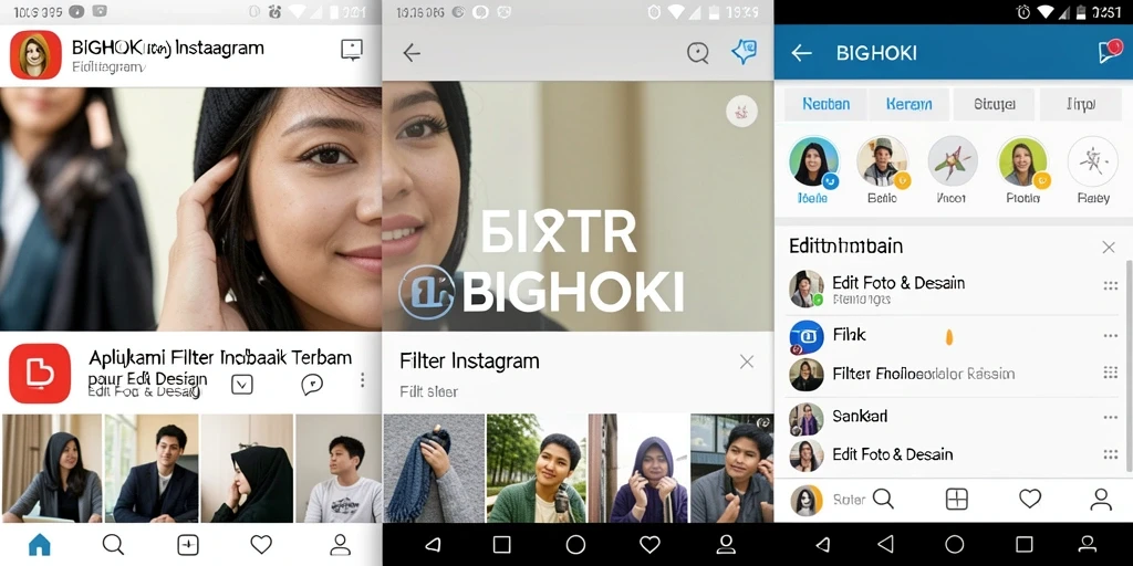 Antarmuka BIGHOKI menunjukkan berbagai filter dan alat edit foto yang intuitif.