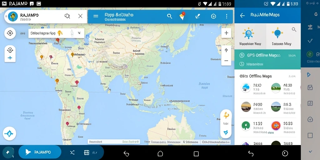 Tampilan antarmuka aplikasi RAJAMPO dengan fitur peta offline dan cuaca.